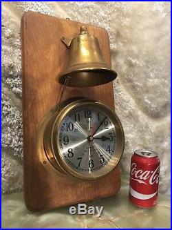 Large Vintage Ships Time Ships Bell Strikes Clock On Wall Wood Base