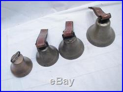 Lot 4 Antique Brass/Bronze Musical Hand Bells Strap Ringer Handbells