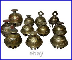 Lot Of 11 Vintage Brass Bells India Tibet Prayer Etched Elephant Claw Cow Chimes