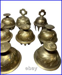 Lot Of 11 Vintage Brass Bells India Tibet Prayer Etched Elephant Claw Cow Chimes