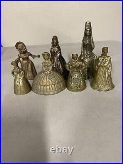 Lot Of 7 Antique Vintage Victorian Ornate Solid Bronze Lady Tea Dinner Bells