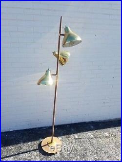 MCM Vtg Floor Lamp 3 Bell Bullet Shades Brass Brown Body 64 Tall with Diffusers