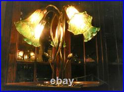Magnificent 16,5 Tiffany-ART-NOUVEAU-Style Pond Lily Lamp w Five Coloured Bells