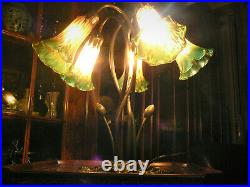 Magnificent 16,5 Tiffany-ART-NOUVEAU-Style Pond Lily Lamp w Five Coloured Bells