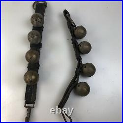 Matching Antique Brass Embossed Horse Sleigh Bells on Leather Belt With Clasp