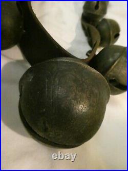 NICE VINTAGE 24 Graduated Petal Design Brass Sleigh Bells On 7' Leather Strap