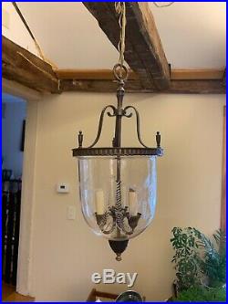 Nice Vintage Brass Glass Bell Jar Hanging Pendant Ceiling Fixture 3 Light