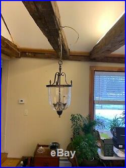 Nice Vintage Brass Glass Bell Jar Hanging Pendant Ceiling Fixture 3 Light