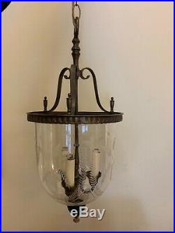 Nice Vintage Brass Glass Bell Jar Hanging Pendant Ceiling Fixture 3 Light