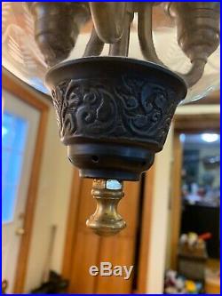 Nice Vintage Brass Glass Bell Jar Hanging Pendant Ceiling Fixture 3 Light