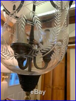 Nice Vintage Brass Glass Bell Jar Hanging Pendant Ceiling Fixture 3 Light