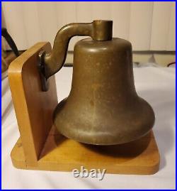 OLD Heavy Farm School Brass Bell w Wood Stand Lunch / Dinner Call Out