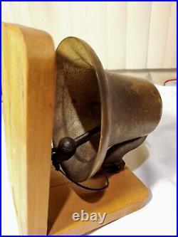 OLD Heavy Farm School Brass Bell w Wood Stand Lunch / Dinner Call Out