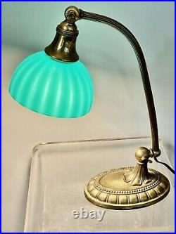 ORIG ANTIQUE EMERALITE 1920s DESK LAMP SIGNED CASED GLASS STRIPED SHADE & BASE