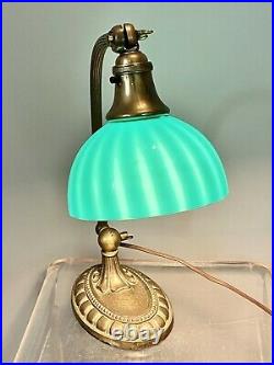 ORIG ANTIQUE EMERALITE 1920s DESK LAMP SIGNED CASED GLASS STRIPED SHADE & BASE