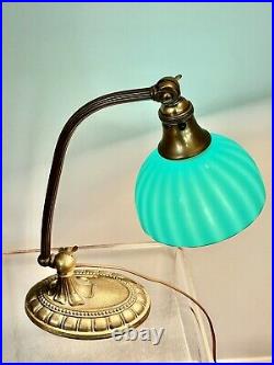 ORIG ANTIQUE EMERALITE 1920s DESK LAMP SIGNED CASED GLASS STRIPED SHADE & BASE