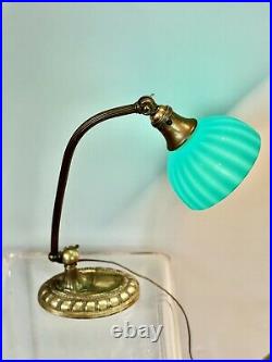 ORIG ANTIQUE EMERALITE 1920s DESK LAMP SIGNED CASED GLASS STRIPED SHADE & BASE