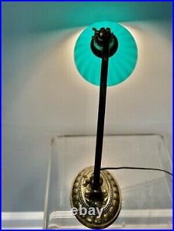 ORIG ANTIQUE EMERALITE 1920s DESK LAMP SIGNED CASED GLASS STRIPED SHADE & BASE