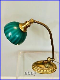 ORIG ANTIQUE EMERALITE 1920s DESK LAMP SIGNED CASED GLASS STRIPED SHADE & BASE