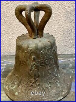 Old Antique Bronze MISSION BELL, Spanish Colonial Adorned with Religious Icons