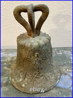 Old Antique Bronze MISSION BELL, Spanish Colonial Adorned with Religious Icons