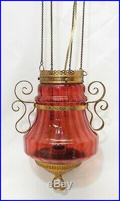 Old Antique CRANBERRY Glass BRASS HANGING HALL LAMP with SMOKE BELL Electrified