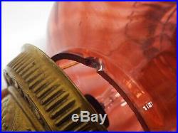 Old Antique CRANBERRY Glass BRASS HANGING HALL LAMP with SMOKE BELL Electrified