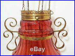 Old Antique CRANBERRY Glass BRASS HANGING HALL LAMP with SMOKE BELL Electrified