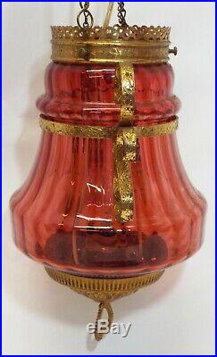 Old Antique CRANBERRY Glass BRASS HANGING HALL LAMP with SMOKE BELL Electrified