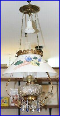 Old Antique HANGING OIL LAMP with HAND PAINTED SHADE Smoke Bell COMPLETE
