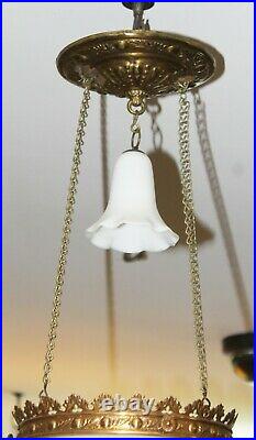 Old Antique HANGING OIL LAMP with HAND PAINTED SHADE Smoke Bell COMPLETE