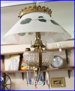 Old Antique HANGING OIL LAMP with HAND PAINTED SHADE Smoke Bell COMPLETE