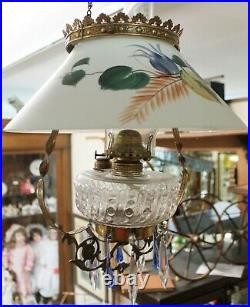 Old Antique HANGING OIL LAMP with HAND PAINTED SHADE Smoke Bell COMPLETE