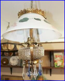 Old Antique HANGING OIL LAMP with HAND PAINTED SHADE Smoke Bell COMPLETE