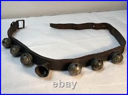 Old Brass Sleigh Bells with Tin plating. Leather Belt. Christmas Decoration Bell
