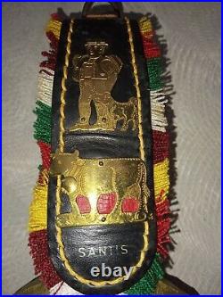 Old Swiss 1950s Brass Cow Bell Colourful Fringed Strap Brass EMBLEMS & SANTIS