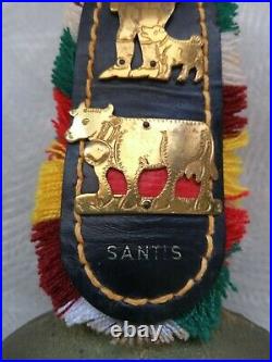 Old Swiss 1950s Brass Cow Bell Colourful Fringed Strap Brass EMBLEMS & SANTIS