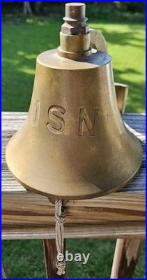 Old USN United States Navy Ship Boat Bell, Solid Brass, & Mount w Hidden Screws