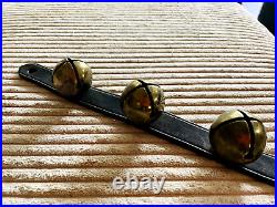 Old Vtg Four (4) 12 Long Horse Tack Brass Sleigh Bells Leather Strap Harness