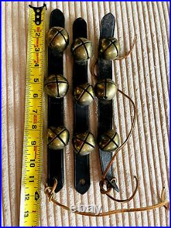 Old Vtg Four (4) 12 Long Horse Tack Brass Sleigh Bells Leather Strap Harness