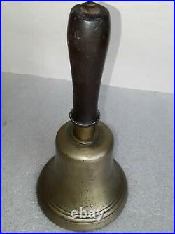 Old vtg. Brass Wood Handle Teacher School Bell 10 1/2 tall Stamped #10 Antique