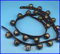 Original Lot of 22 Vintage Brass Sleigh Bells on 2 28 Leather Straps