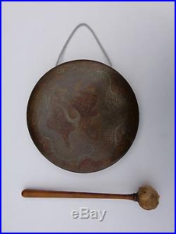Original Rare 19th Century or Earlier Japanese Dragon Gong with Stick Mallet