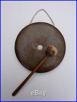Original Rare 19th Century or Earlier Japanese Dragon Gong with Stick Mallet