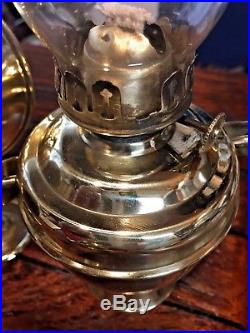 PAIR MED. GIMBALED WILCOX CRITTENDEN WALL MOUNTED BRASS OIL LAMPS WithSMOKE BELLS