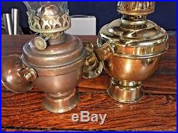 PAIR MED. GIMBALED WILCOX CRITTENDEN WALL MOUNTED BRASS OIL LAMPS WithSMOKE BELLS