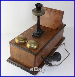 PAT 1910 Antique Quartersawn Tiger Oak Wood Wall Telephone w Brass Bells Rings