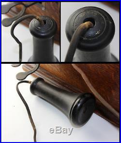PAT 1910 Antique Quartersawn Tiger Oak Wood Wall Telephone w Brass Bells Rings