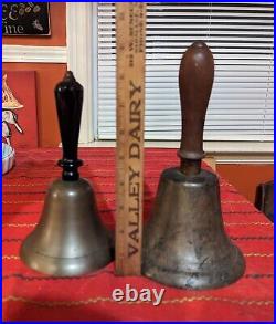 Pair of LARGE Antique Brass Hand Held Teachers School Bells Inscribed 1891 Exc