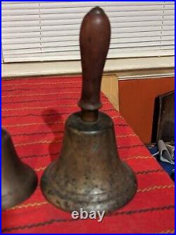 Pair of LARGE Antique Brass Hand Held Teachers School Bells Inscribed 1891 Exc